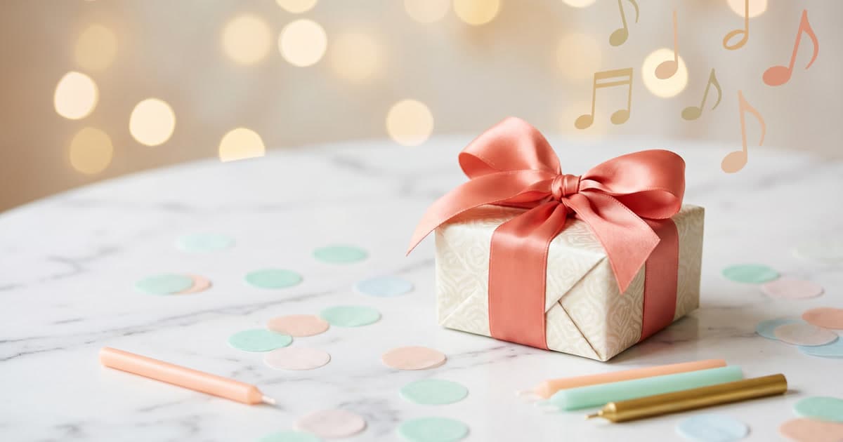 A white gift box with coral ribbon, pastel confetti, and birthday candles on a marble surface with bokeh lights