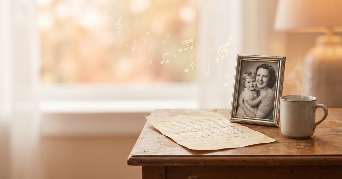 A handwritten letter, framed photo of mother and child, and a steaming mug on a wooden table